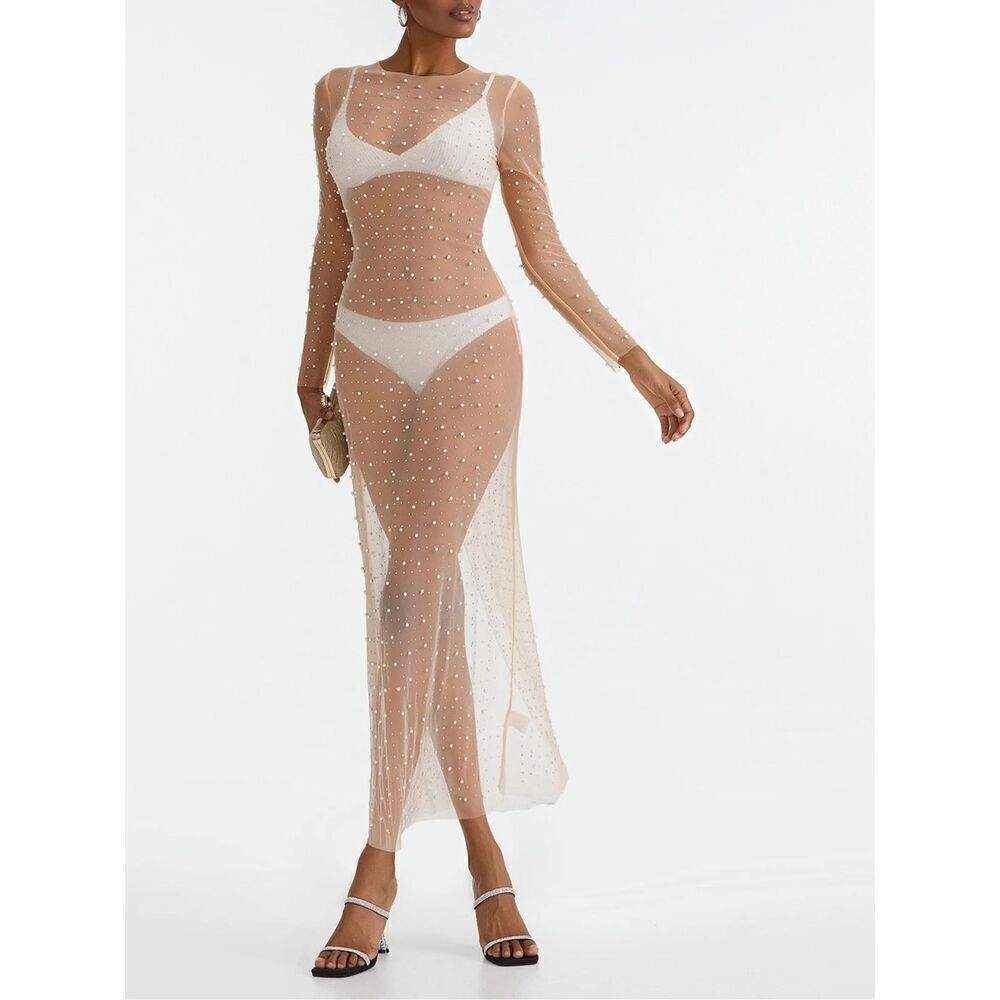 Louatui Women's Mesh Pearl Cover Up See Through Long Sleeve Dress Summer Swimwea